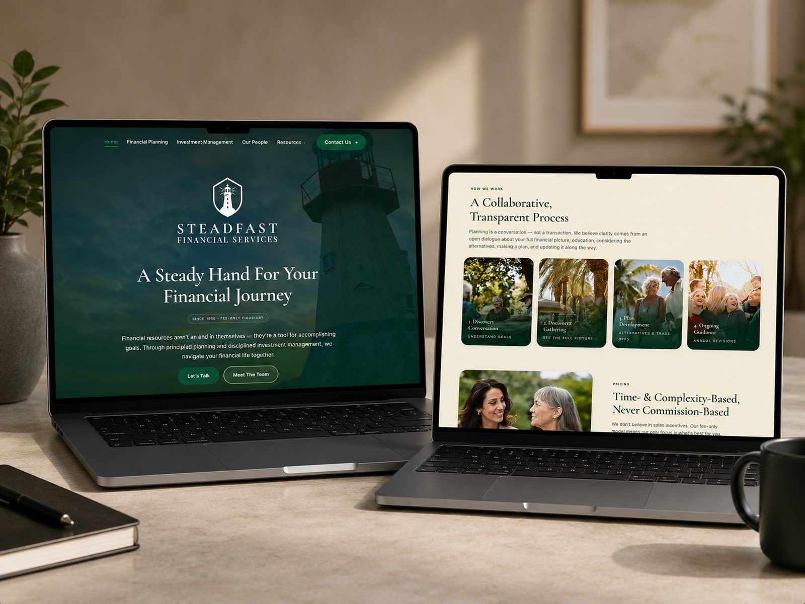 Steadfast Financial Services — fee-only fiduciary practice. Brand, story, and website by Wealth Advisor Agency, featuring a lighthouse mark and editorial process layout.